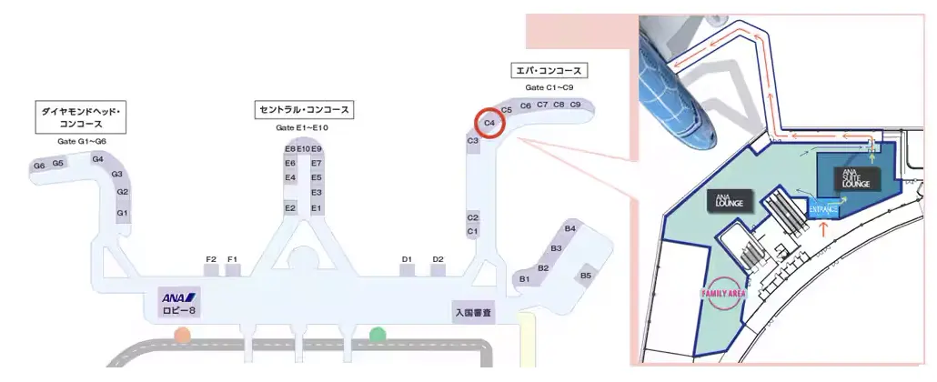 ホノルル空港のANAスイートラウンジとANAラウンジの場所